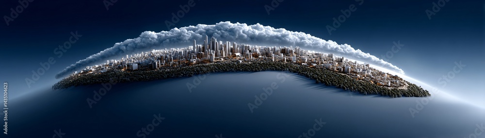 Aufkleber an ethereal planetary horizon, where a futuristic metropolis emerges beneath a glowing celestial sky