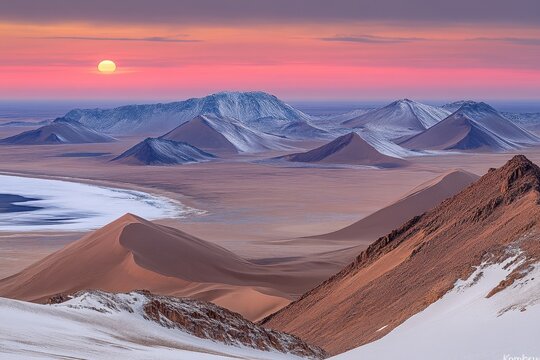 Sunrise over snow-capped desert mountains