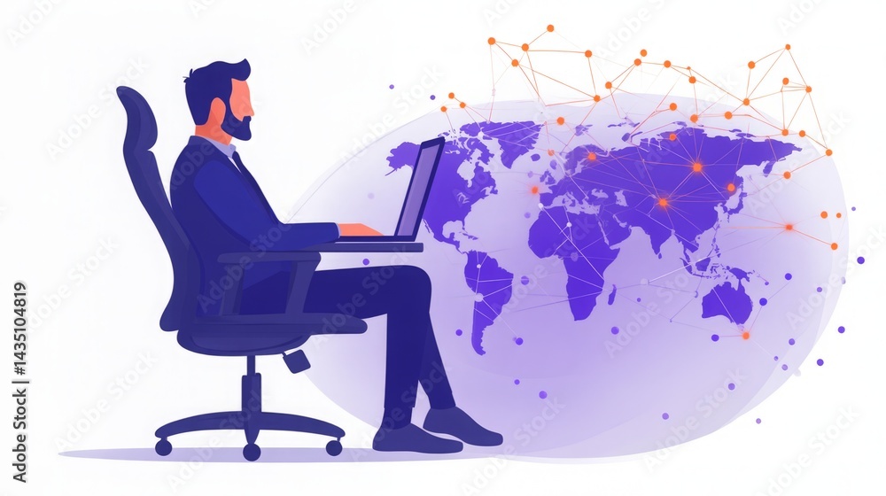 Poster global connectivity: a professional working on his laptop, a visual representation of interconnected