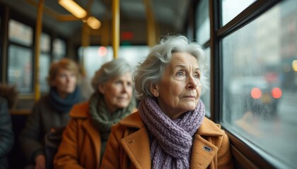Obraz premium Thoughtful senior woman gazing out of a bus window on a rainy day, wearing a warm coat