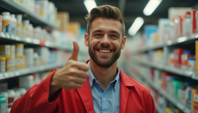 Man gives thumbs-up in shopping aisle, smiles, red jacket, positivity, customer service, approval, retail assistance.