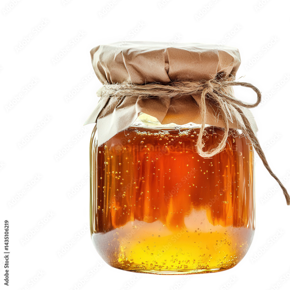 Poster jar of honey. showcasing its golden color and bubbles. with a rustic paper lid tied with twine the b