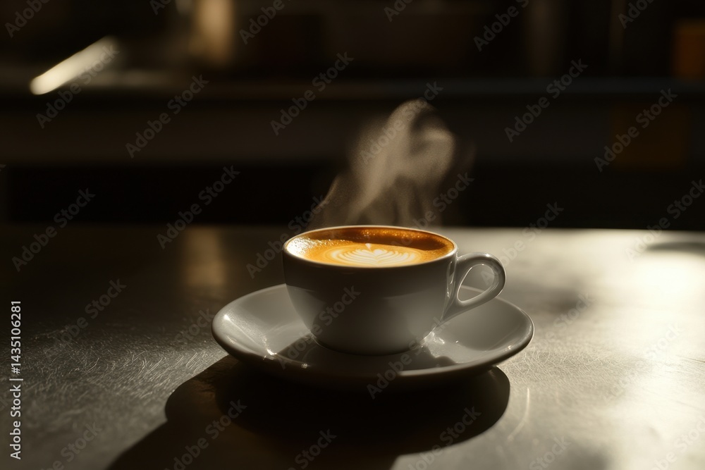 Poster steaming latte art in white cup on metal table capturing morning light and warmth creating a cozy an