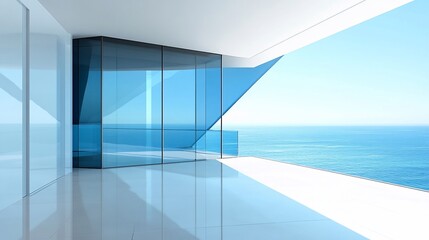 Obraz premium Modern balcony overlooking a tranquil ocean. Spacious, minimalist design