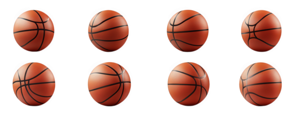 grid of eight basketballs. arranged in two rows of four each ball is depicted with a classic orange color and black lines. showcasing a realistic 3d effect the design emphasizes the sport of basketbal