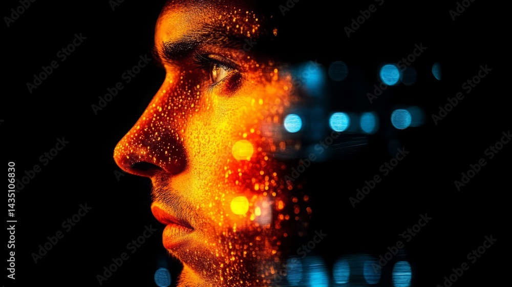 Aufkleber digital persona: a man's profile is superimposed with vibrant digital data streams, creating a strik