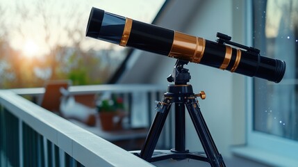 A Modern Refracting Telescope on a Balcony at Sunrise Ready for Astronomical Observation