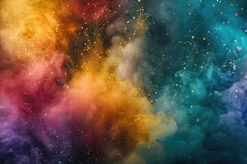 Obraz premium bright multicolor rainbow holi paint powder explosion on black background Aerial