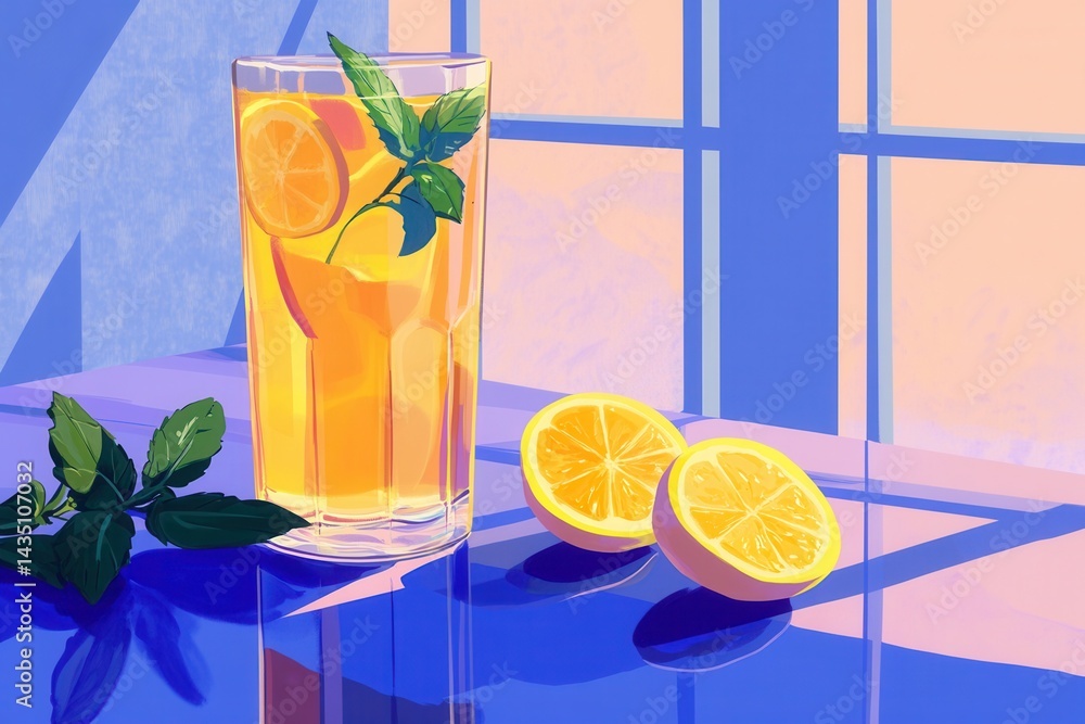 Poster refreshing citrus drink with lemon and mint leaves in a glass near a window creating a vibrant and s