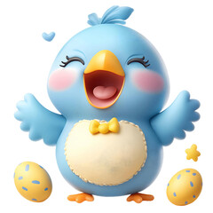 Happy Blue Bird Cartoon Character with Easter Eggs