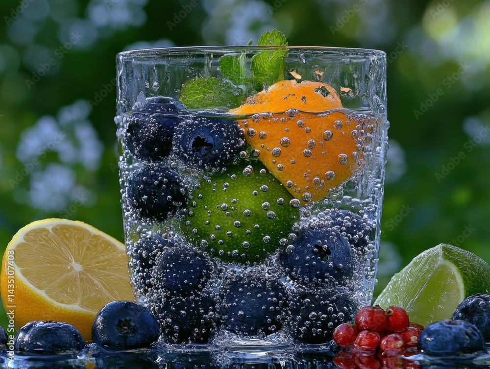 Poster refreshing citrus and berry infused water in glass with vibrant colors and sparkling bubbles creatin