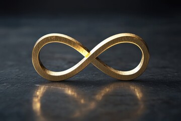 Golden infinity symbol on dark textured surface symbolizing eternity endlessness and possibilities with soft lighting and shallow depth of field for a modern aesthetic