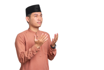Portrait of Asian Muslim man praying with open arm isolated on transparent background