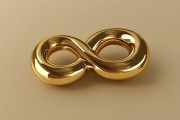 Golden infinity symbol on a beige background symbolizing eternity endlessness and continuity in a modern minimalist style with soft lighting and a smooth surface