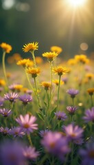 Obraz premium Sunlit Wildflower Meadow: Golden and Purple Blooms in the Warm Glow of Sunrise