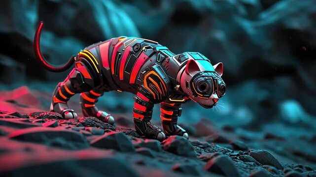 Cybernetic Cat in the Gloom: A futuristic feline, its body composed of sleek metal and vibrant neon accents, strides across an alien landscape, a testament to the fusion of nature and technology.