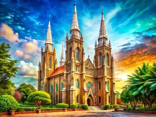Obraz premium Jakarta Cathedral Church: Neo-Gothic Architecture, 1901 Inauguration, Digital Sketch