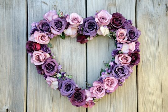 Heart shaped floral wreath of pink and purple roses on rustic wooden background creating a romantic and vintage atmosphere perfect for valentines day or wedding decor