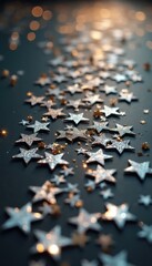 Sparkling Trail of Silver Star Confetti on a Dark Surface with Bokeh Lights for Festive Celebrations and Backgrounds
