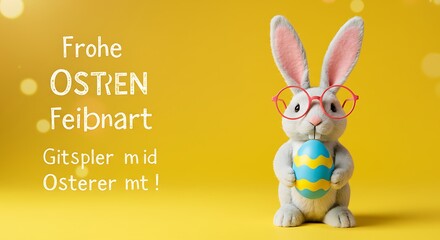 Easter Bunny with Eyeglasses Holding Colorful Egg on Yellow Background