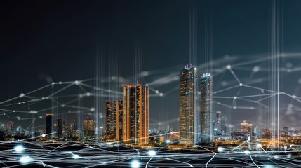 Naklejka premium Illuminated high rise buildings modern architecture and a nighttime cityscape with networks of connectivity and digital infrastructure