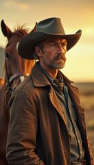 Fototapeta premium Rugged Cowboy Gazes into the Distance During Sunset with Horse Companion on the Prairie