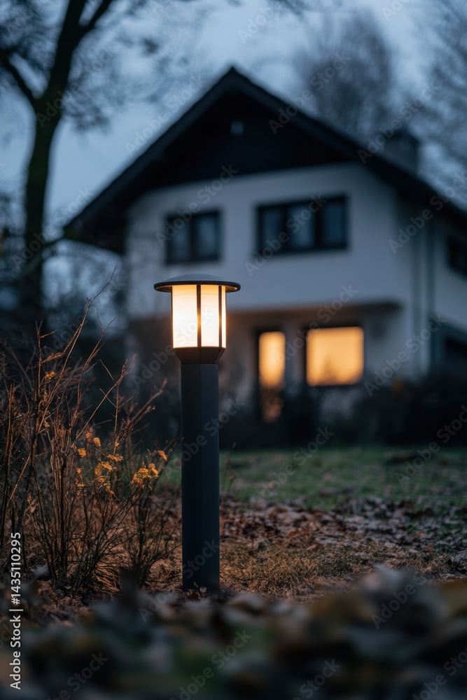Poster illuminated garden light casting a warm glow in the evening with a blurred house backdrop creating a