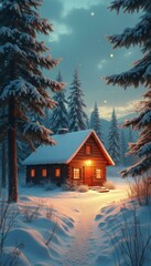 Fototapeta premium Cozy Log Cabin Radiates Warmth Amidst a Snowy Winter Wonderland, Framed by Pine Trees and a Gentle Path