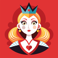 Alice in Wonderland Queen of Hearts clipart. The image shows a stylized depiction of the Queen of Hearts with a crown and a high collar. Vector illustration design.
