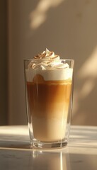 Layered latte with whipped cream in a glass, on table, warm light, latte art, delicious drink