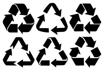 A set of simple black and recycled signs with an arrow shape for eco sustainability on a transparent background