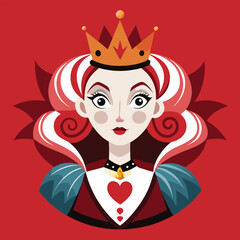 Alice in Wonderland Queen of Hearts clipart. The image shows a stylized depiction of the Queen of Hearts with a crown and a high collar. Vector illustration design.