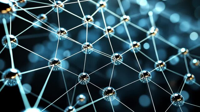 Complex network of interconnected spheres.  A technological illustration of a connected structure.  Intricate design of metallic spheres and connecting lines