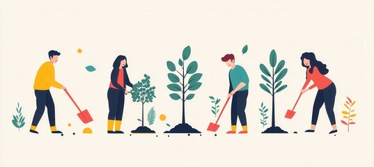 Group of diverse individuals engaged in tree planting activity to promote environmental sustainability in a vibrant community setting