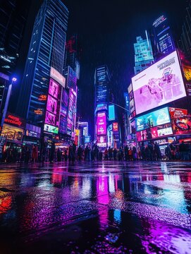 Vibrant city street at night, reflecting in wet pavement