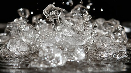 Dynamic Water Burst: Capturing the explosive energy of water, droplets ascend and form a captivating splash with intricate details. The dark background emphasizes the water's transparency.