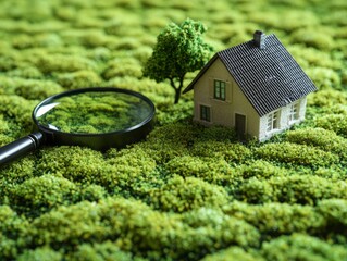 Property Inspection and Landscape: A miniature house and magnifying glass rest atop a lush green moss landscape, symbolizing a detailed property inspection within a vibrant outdoor environment.