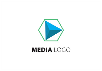 Fototapeta premium media logo with blue 3d play button in hexagon