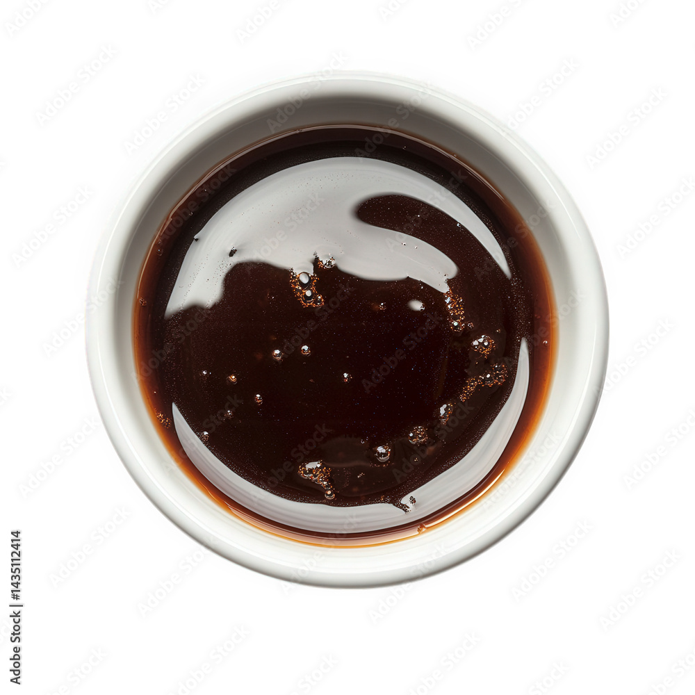 Poster small white bowl filled with a dark. glossy sauce. likely soy sauce or a similar condiment. reflecti