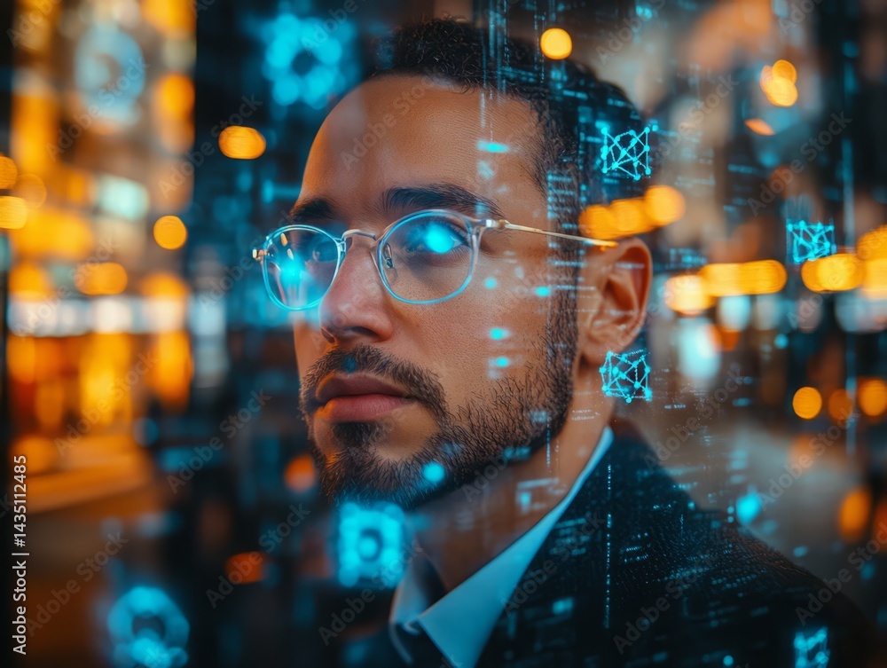 Poster digital visionary: a portrait of a thoughtful individual in glasses against a backdrop of high-tech 
