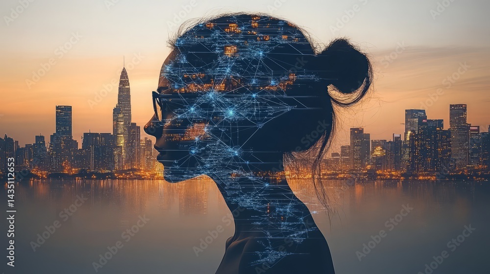 Poster silhouette of connection: a woman's silhouette is overlaid with a network of digital connections, cr