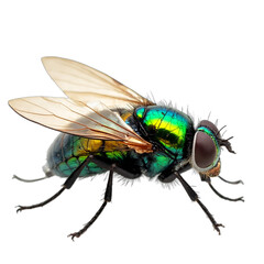 Iridescent green bottle fly macro shot, wings spread, isolated on transparent background cutout. Perfect for scientific, educational or illustrative entomology projects.