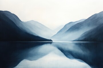 Serene landscape painting of misty mountains reflected in calm water creating a tranquil and peaceful atmosphere with a cool color palette and soft lighting