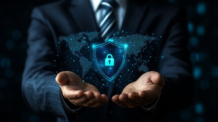Cybersecurity Advocate: A professional in a suit presents a digital shield overlaid on a globe, symbolizing data security and global protection, highlighting concepts like safety and data privacy.