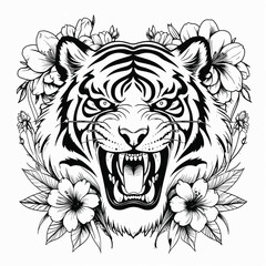 illustration of tiger head with flowers around it generate ai.