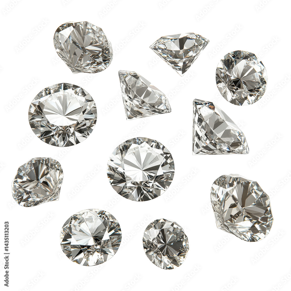 Poster sparkling diamonds displayed on a transparent background showcasing various cuts and shapes, diamond