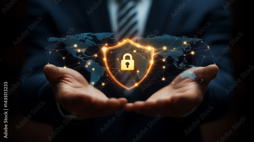 Poster cyber security shield: a close-up shot of a person's hands cradling a glowing digital shield with a 