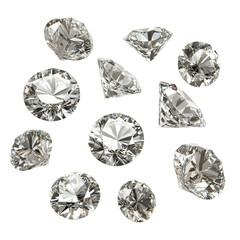 Sparkling diamonds displayed on a Transparent background showcasing various cuts and shapes, diamonds, top view, isolated on PNG background