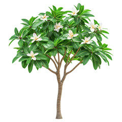 Frangipani tree adorned with vibrant leaves and delicate white flowers in a serene environment, Photograph frangipani tree with beautiful leaves isolated on Transparent background