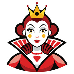 Alice in Wonderland Queen of Hearts clipart. The image shows a stylized depiction of the Queen of Hearts with a crown and a high collar. Vector illustration design.